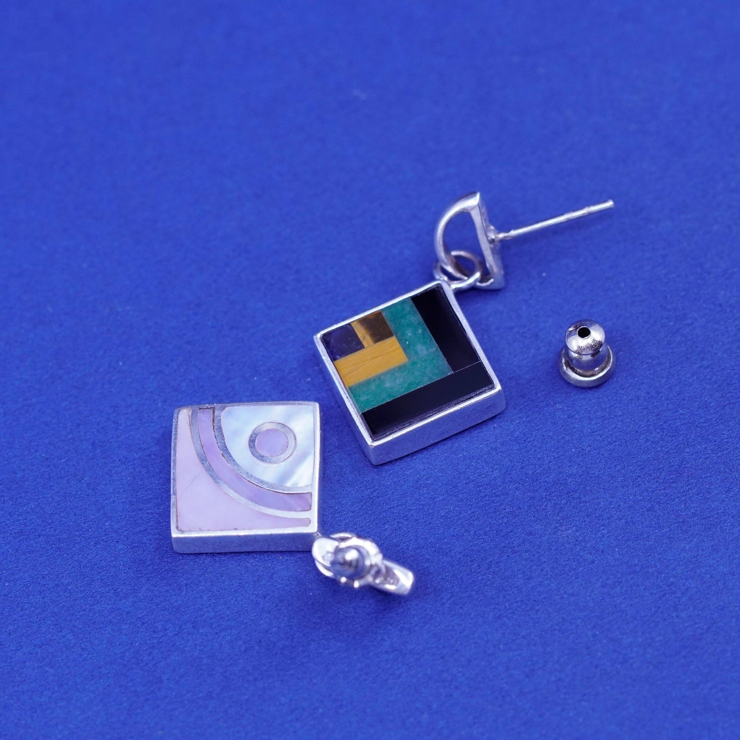 vtg sterling 925 silver handmade square earrings mother of pearl obsidian jade