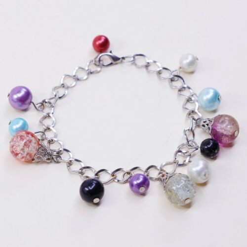7.25”, Vtg Antique Silver Tone Handmade Bracelet W/ Blue Pear N Foiled Glass