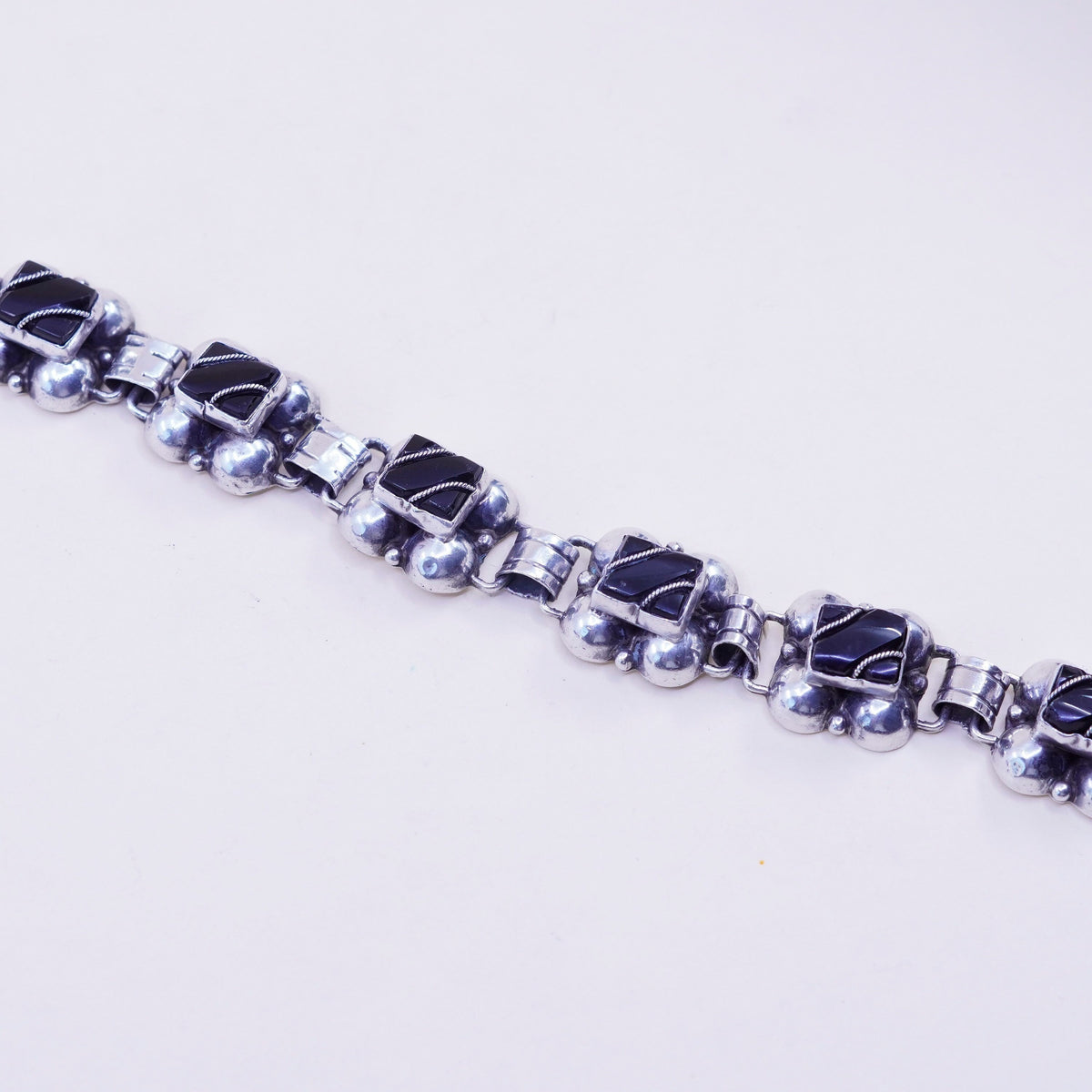6.5”, vintage sterling 925 silver handmade tennis bracelet with obsidian beads