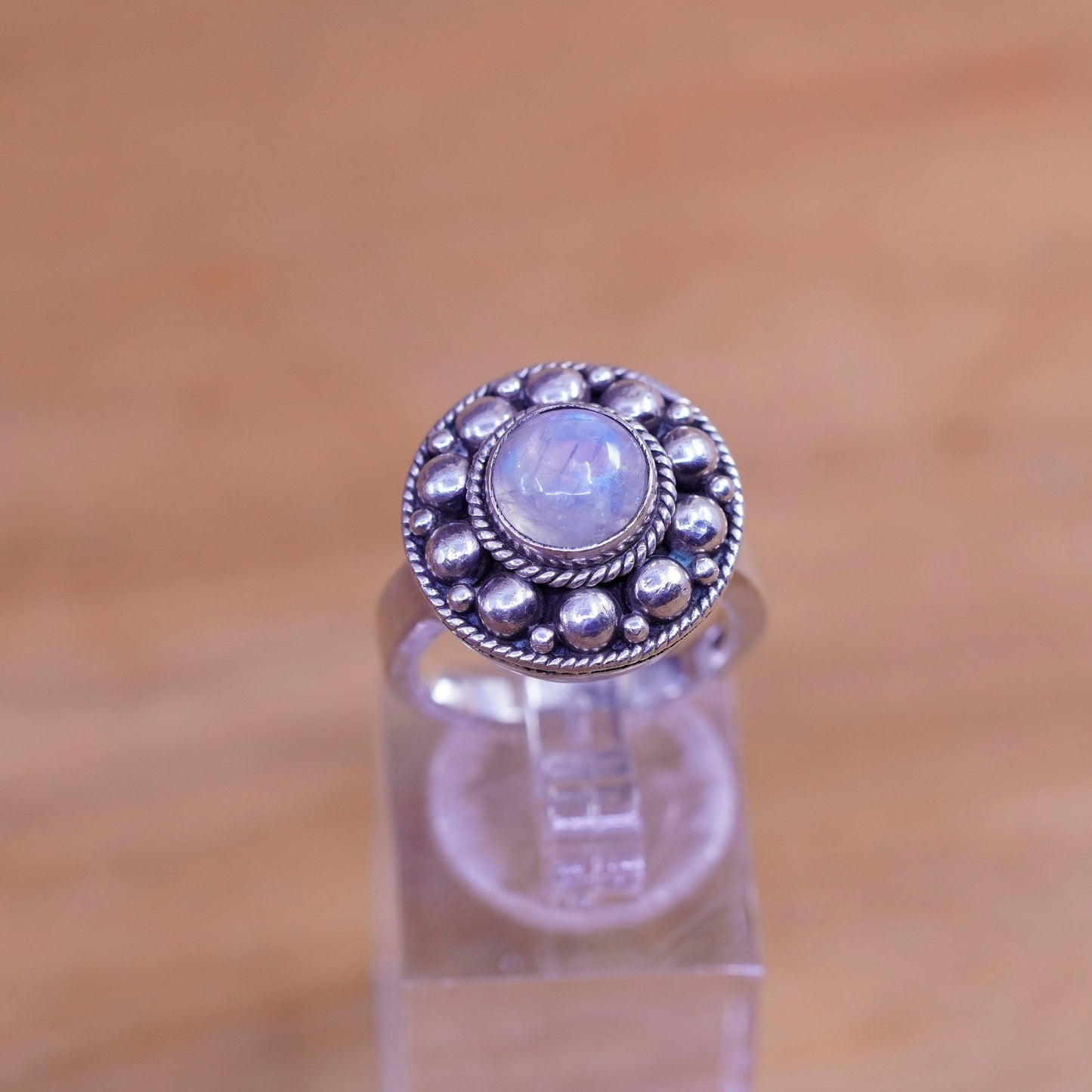Size 6, vintage sterling 925 silver handmade ring with moonstone beads around