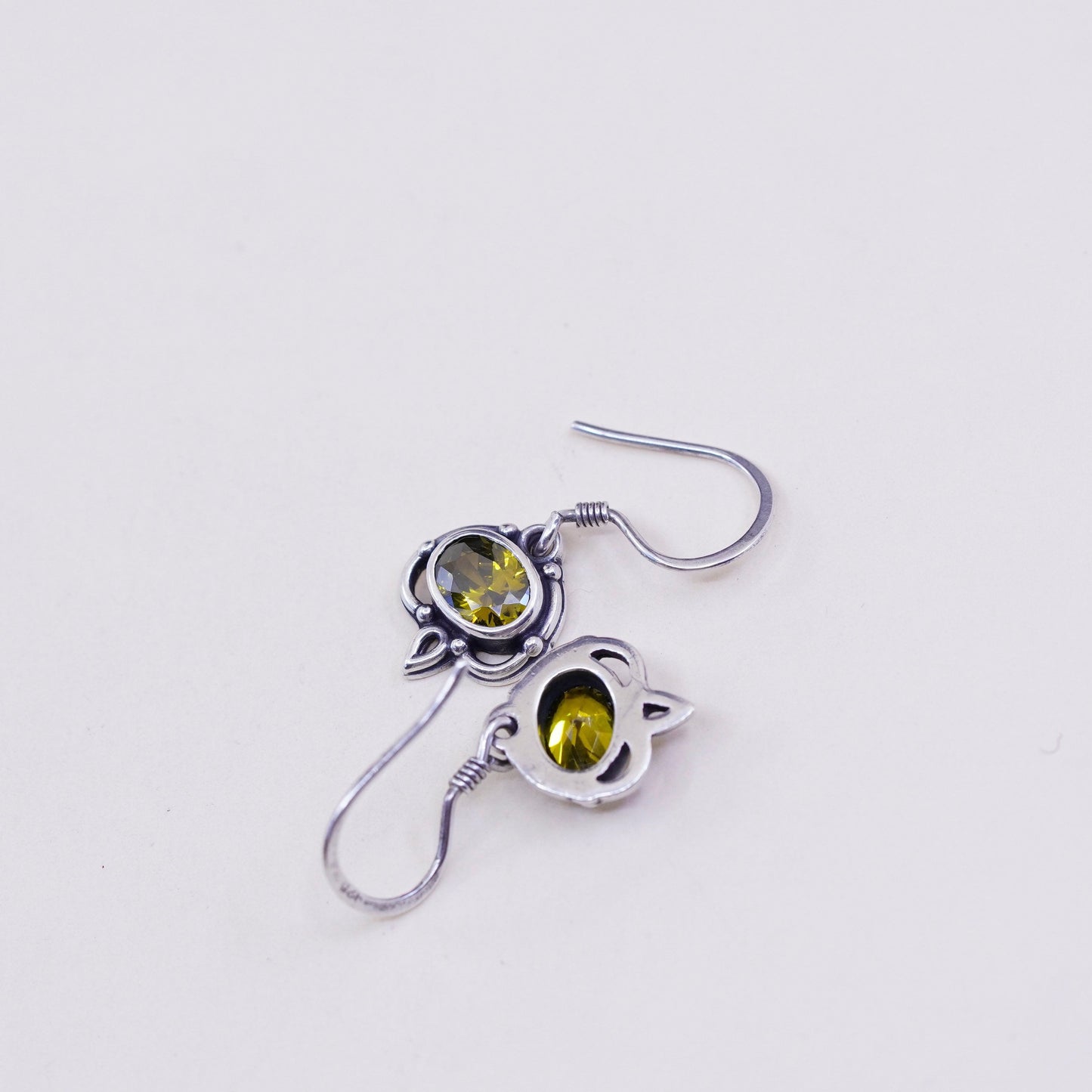 Vintage handmade sterling 925 silver olive green crystal earrings with beads