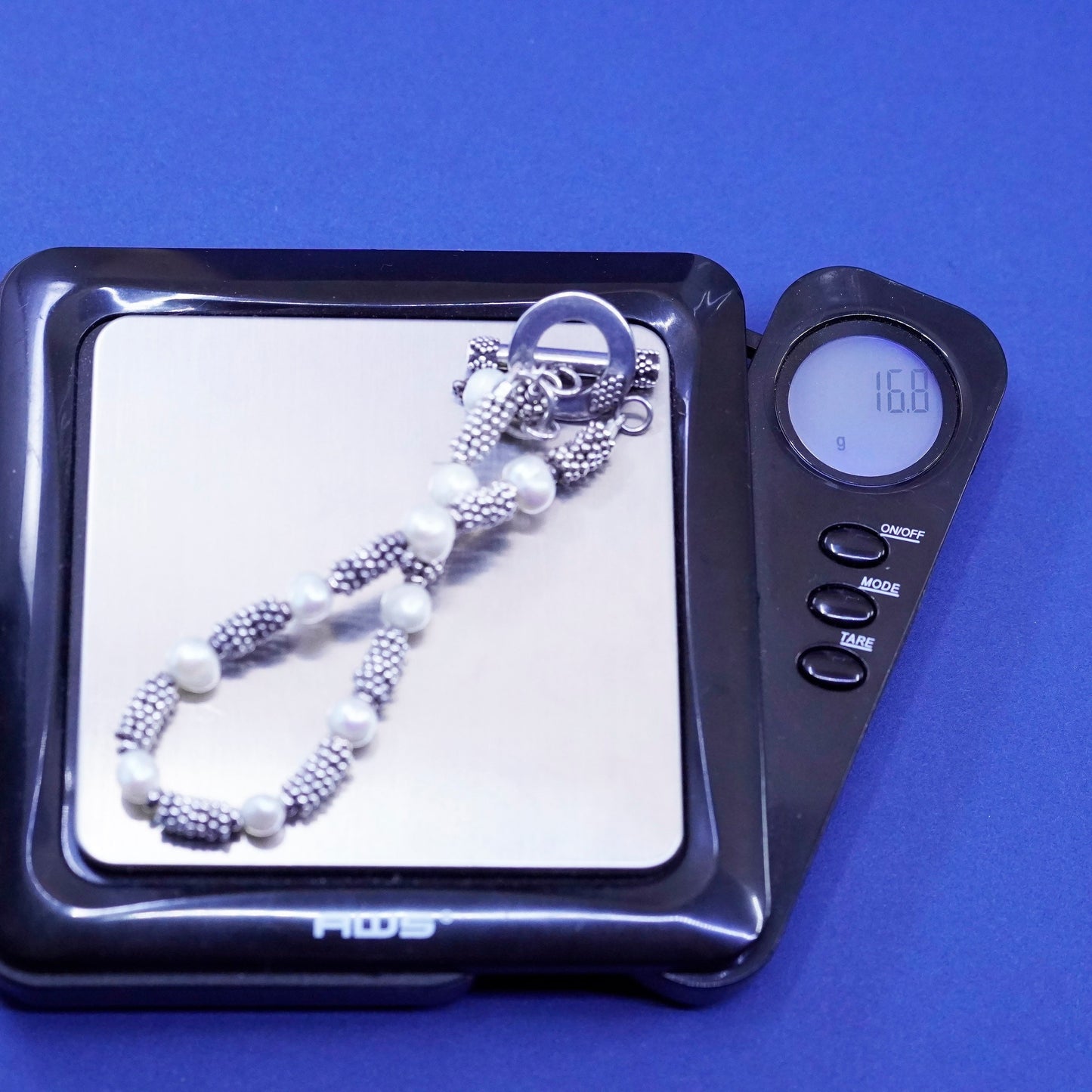 7”, vintage Sterling 925 silver handmade bracelet with freshwater pearl beads
