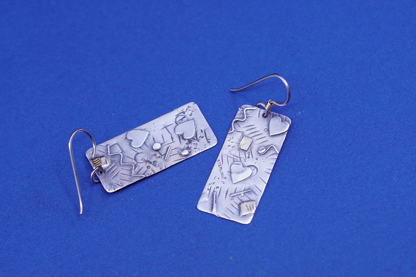 Sterling Silver earrings, 925 disc embossed heart N square and 14K gold accent