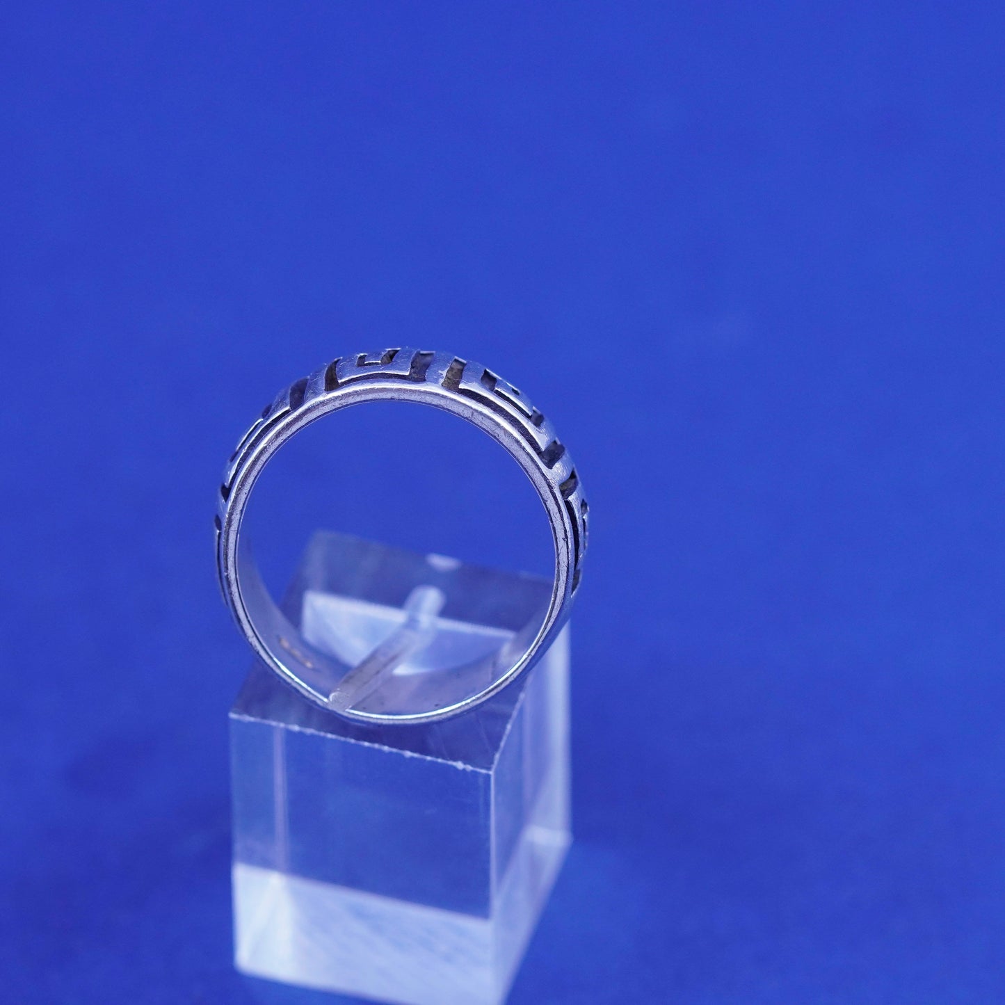 Size 10.5, vtg sterling silver handmade ring, 925 wide band embossed Greek key