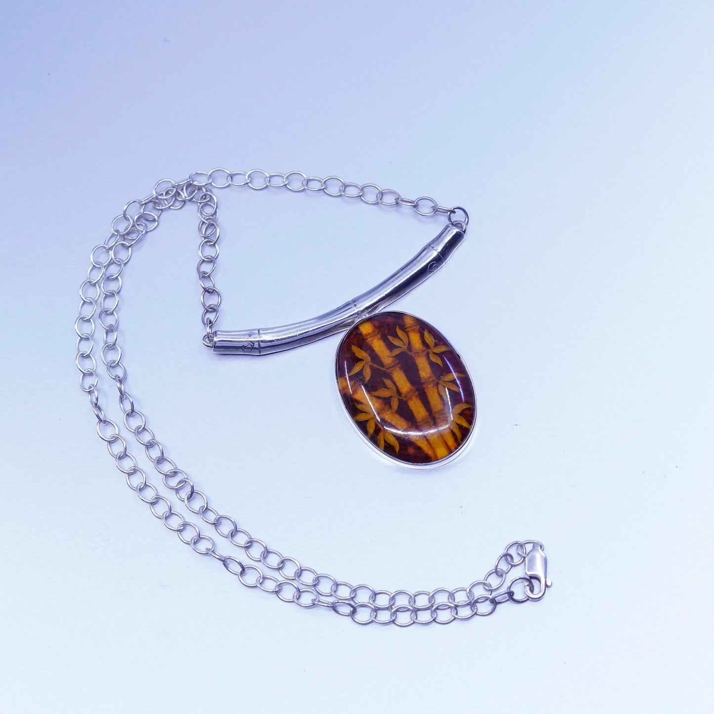 18”, ZIV sterling silver 925 necklace, circle chain carved bamboo amber pendant