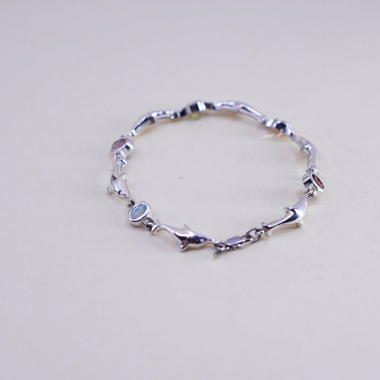 7”, Sterling silver handmade bracelet, 925 dolphin chain colorful gemstones