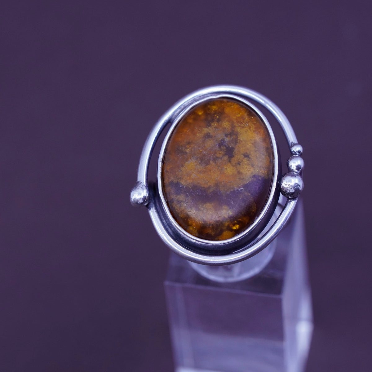 Size 10.5, vintage Sterling 925 silver handmade ring with oval Amber and beads