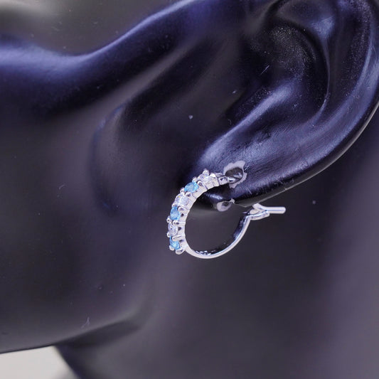 0.5”, fashion sterling silver earrings, 925 hoops, Huggie with clear blue Cz