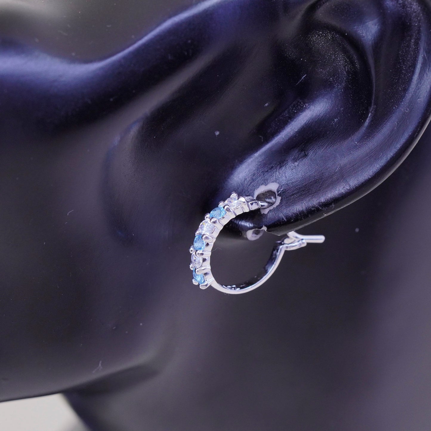 0.5”, fashion sterling silver earrings, 925 hoops, Huggie with clear blue Cz