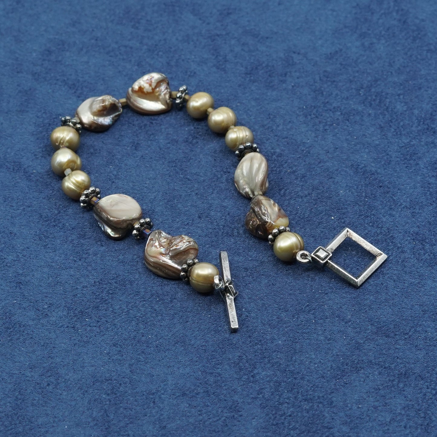 6.75", vtg sterling silver handmade bracelet, pearl beads N 925 toggle closure