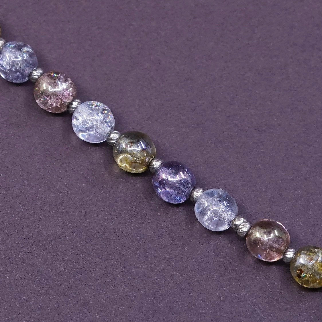 7", vtg Sterling silver handmade chain crystal beads bracelet w/ toggle closure