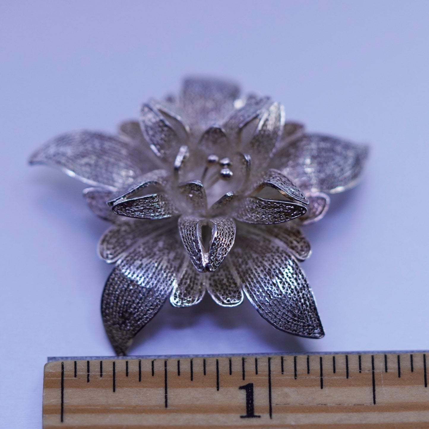 Vintage sterling silver handmade brooch, 925 filigree flower pin