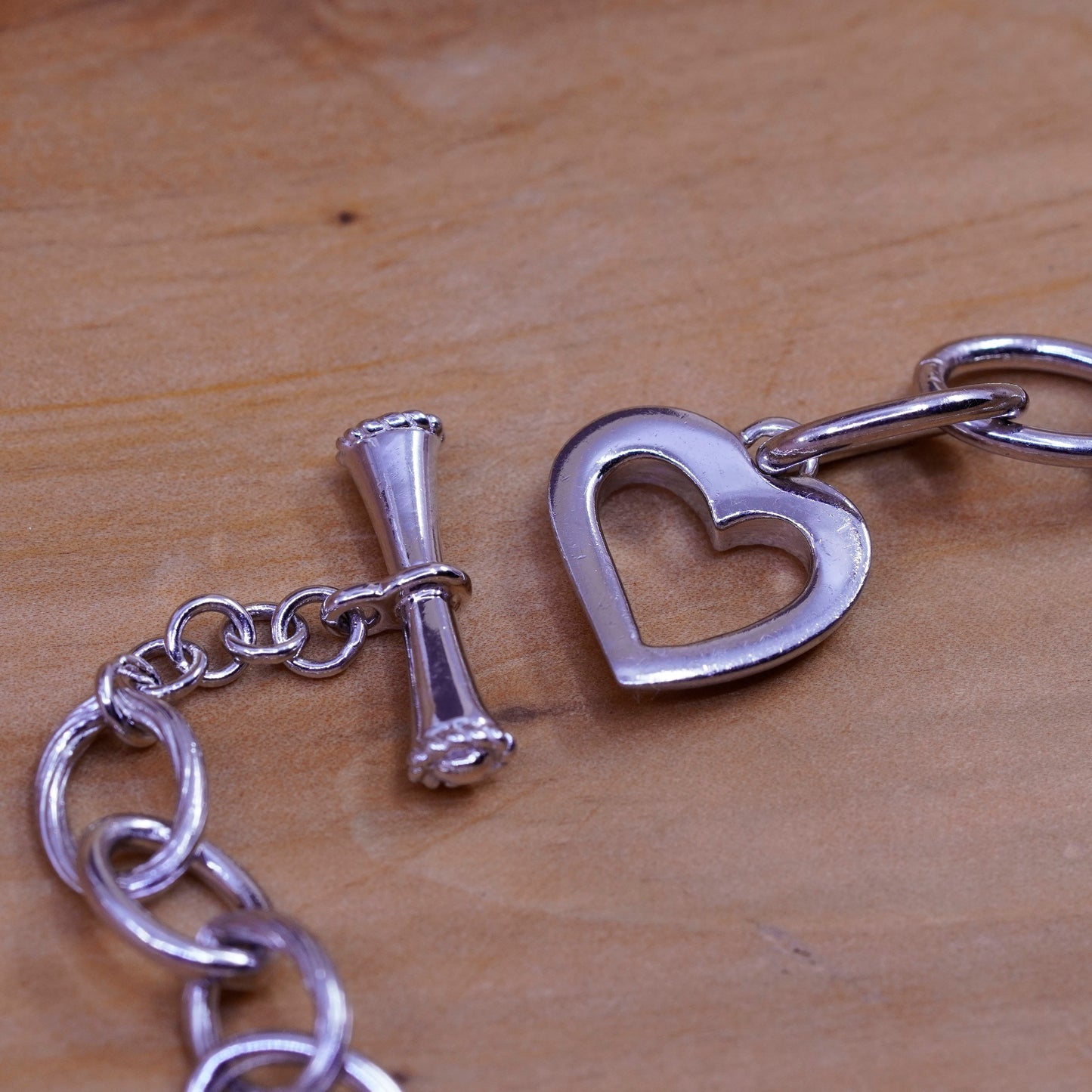 7.25”, Sterling silver charm bracelet, 925 bold circle chain heart tag charm