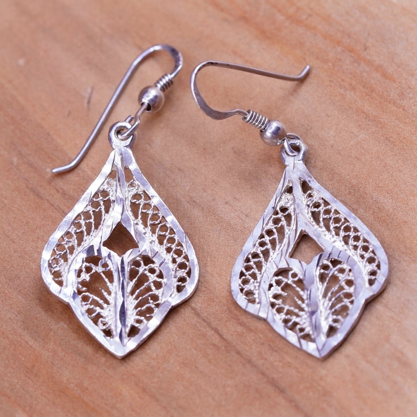 Vintage Sterling silver handmade earrings, 925 Filigree teardrops