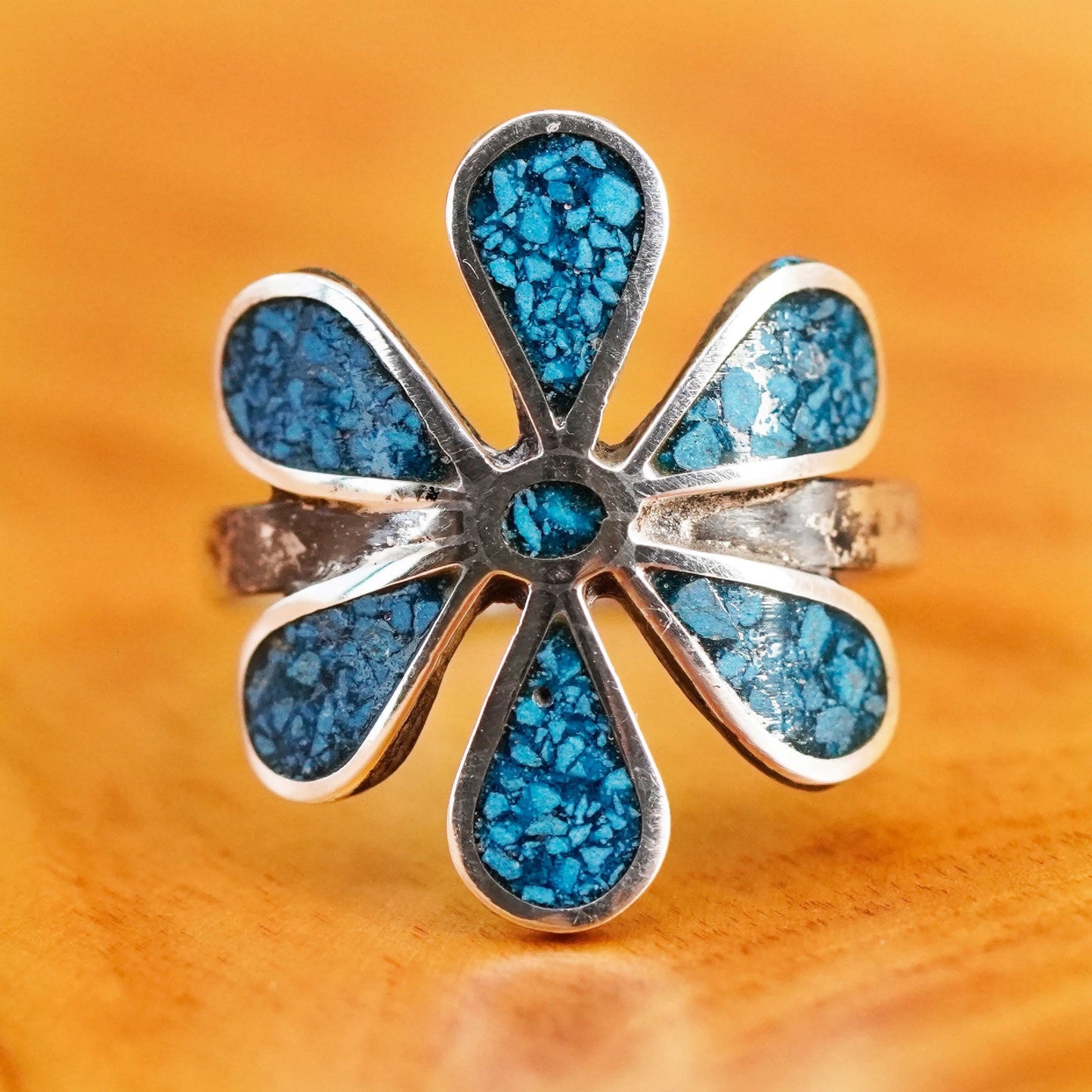Size 5.75, vintage Sterling silver ring, mexico 925 flower band with turquoise
