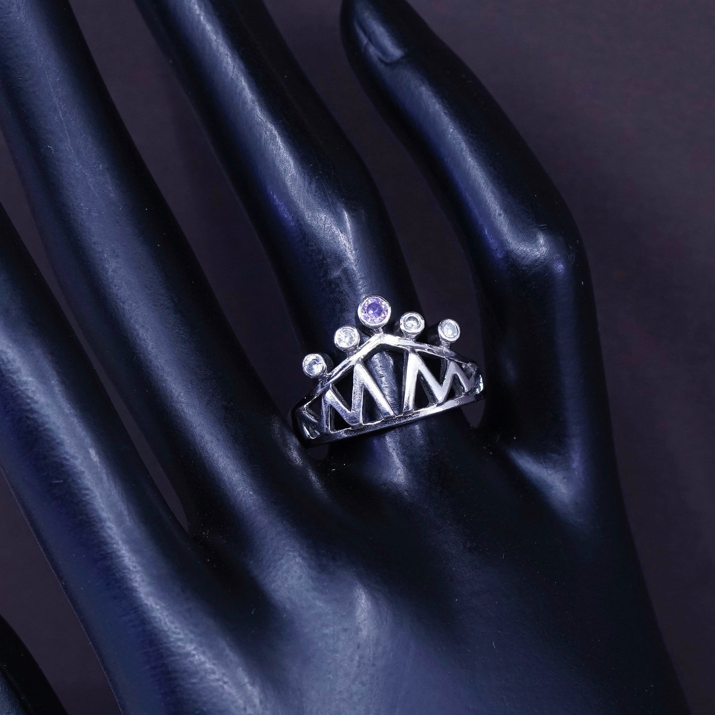 Size 7.75, Vintage Sterling 925 silver handmade crown Ring w/ amethyst and Cz