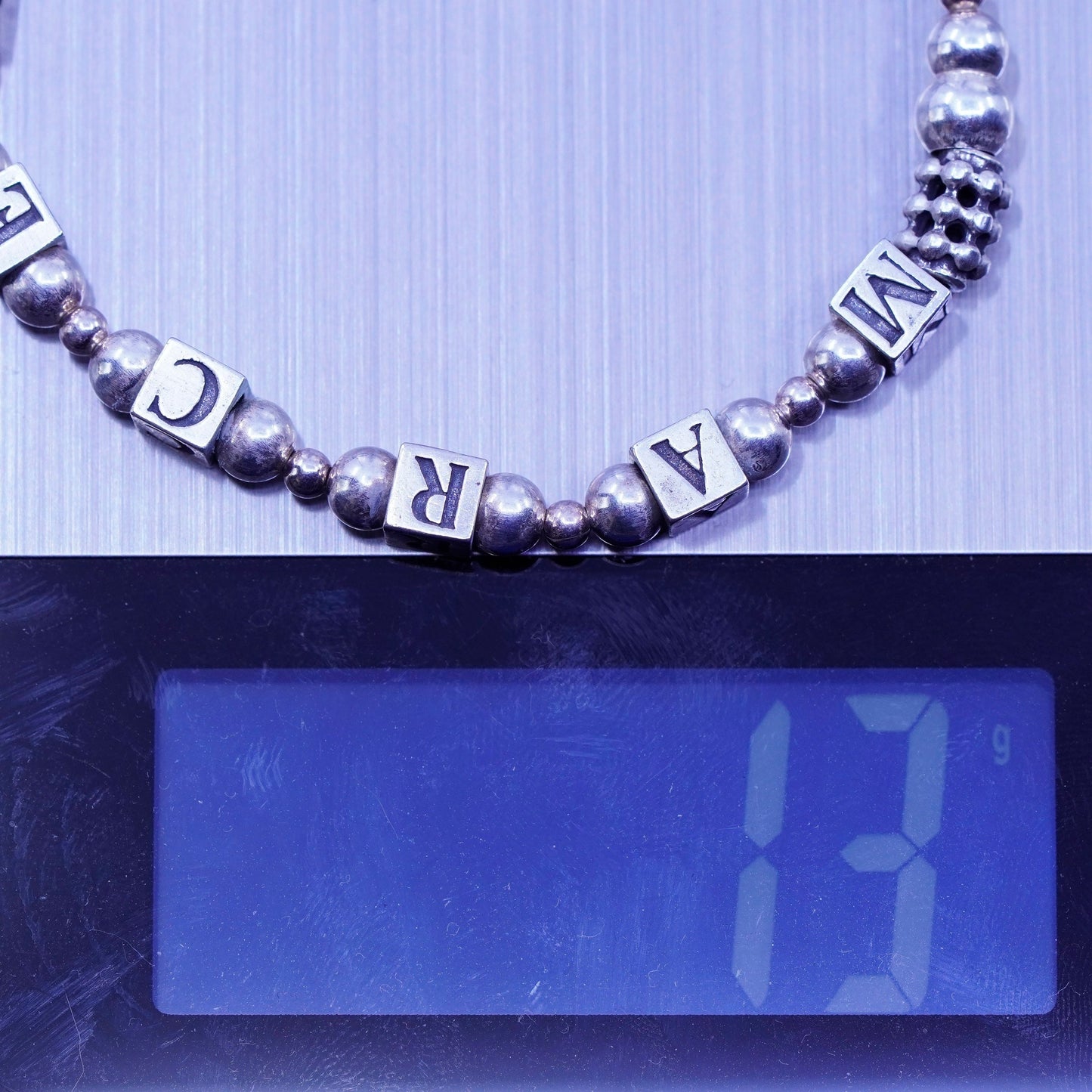 7”, vintage Sterling 925 silver bracelet with cube letter beads “Marcey”