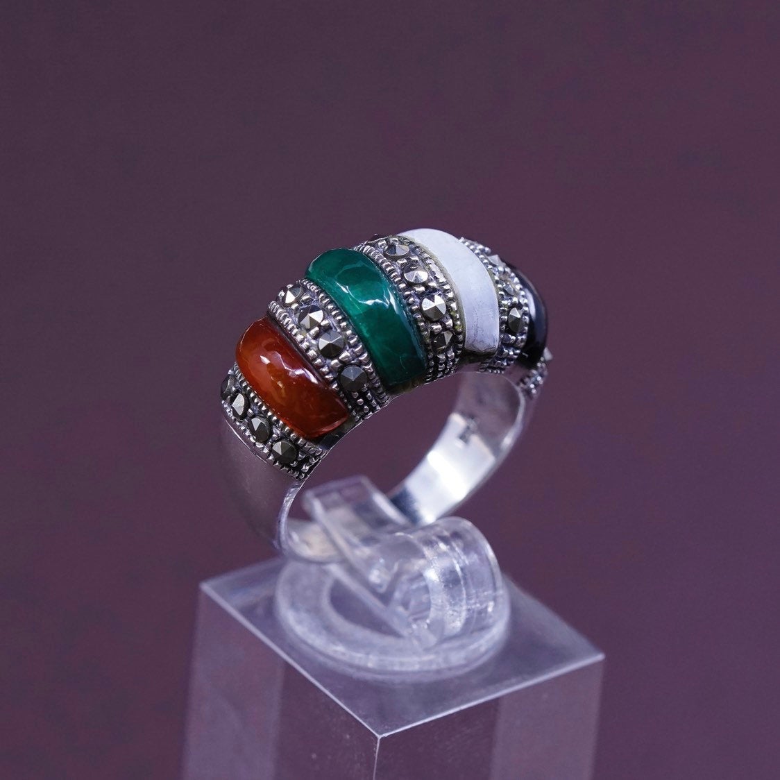 sz 8, Sterling 925 silver handmade ring w/ jade Obsidian Carnelian N Marcasite