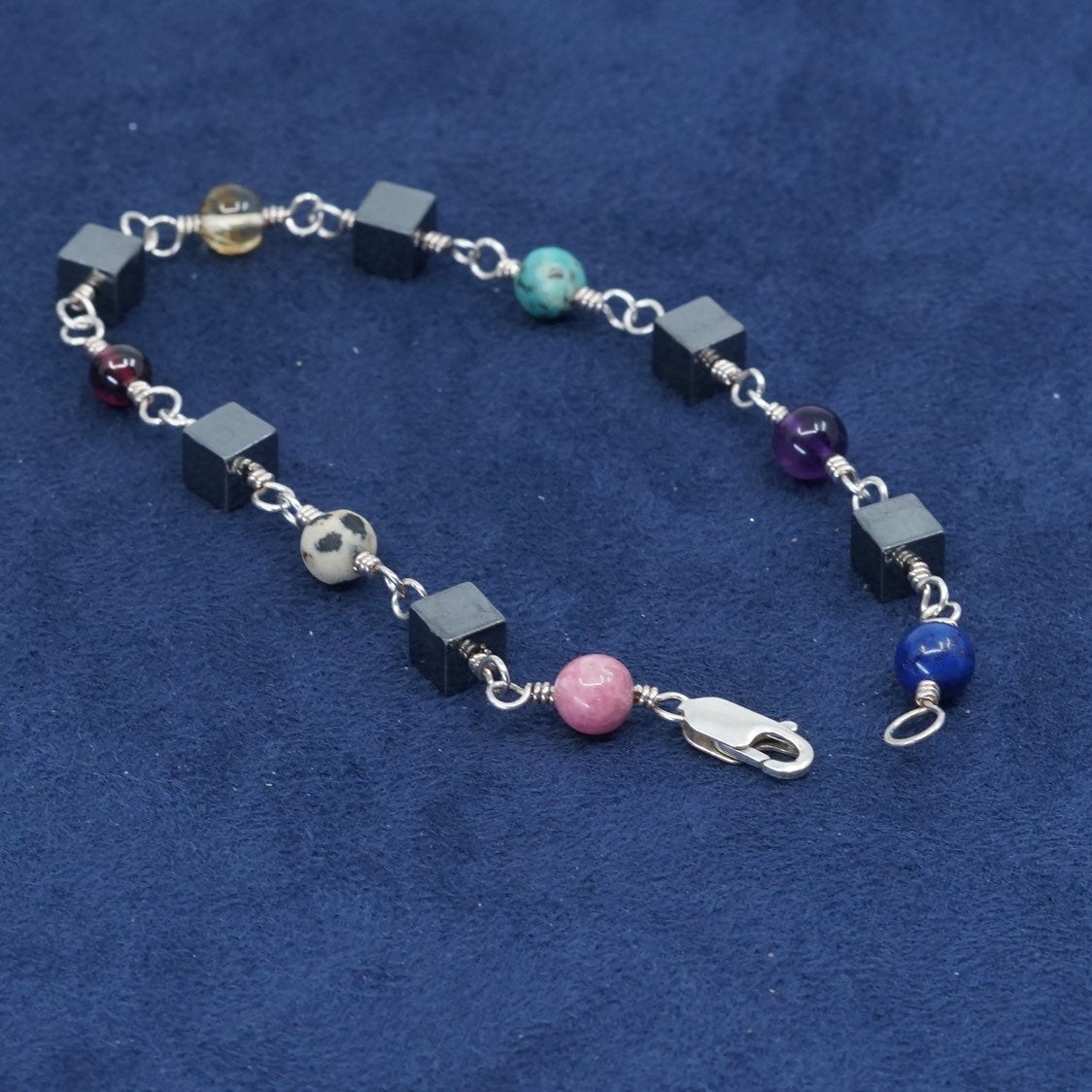 7.5", Sterling silver handmade bracelet, 925 circle chain w/ jasper N hematite
