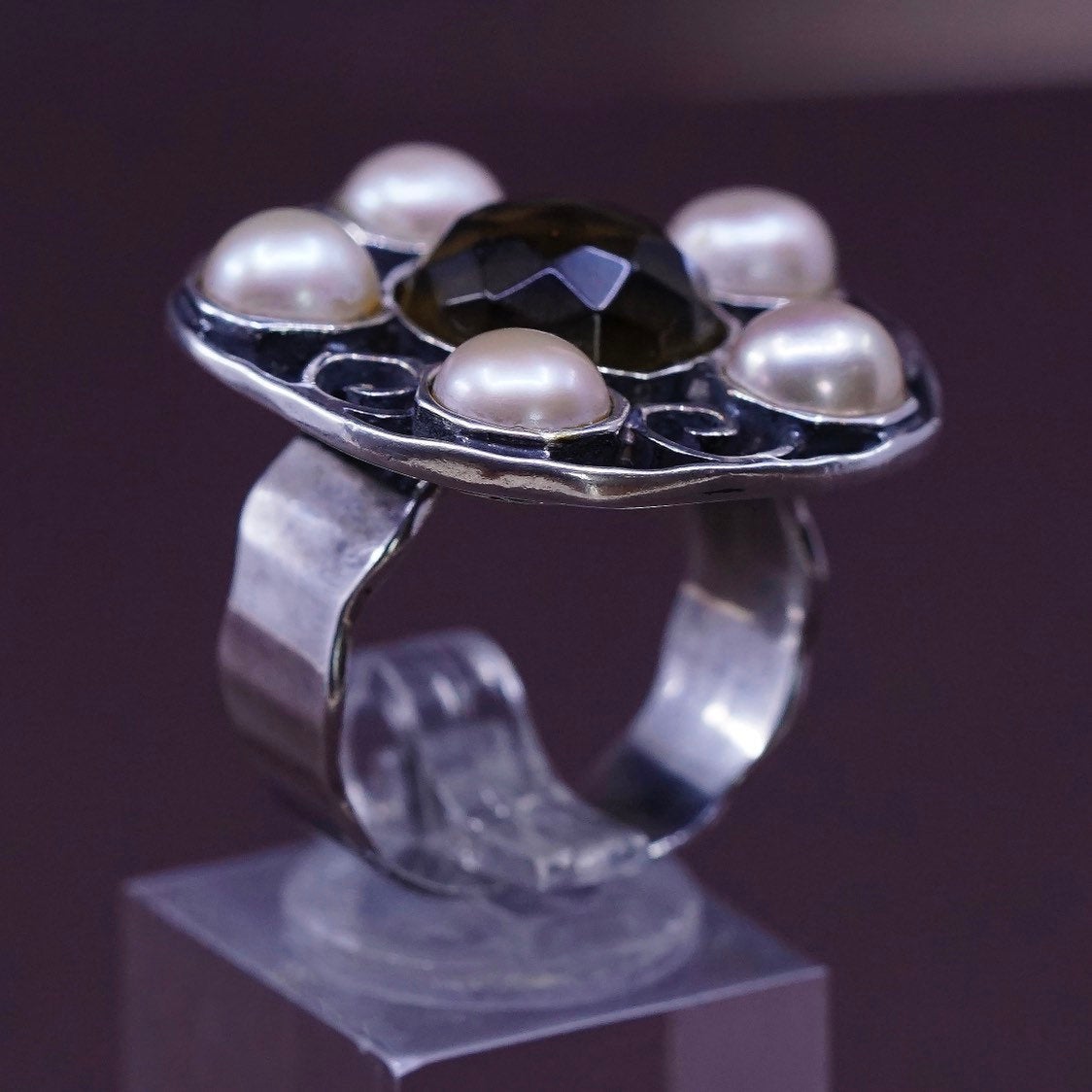 sz 9, JL Israel Sterling silver handmade ring, 925 flower w/ pear N smoky topaz