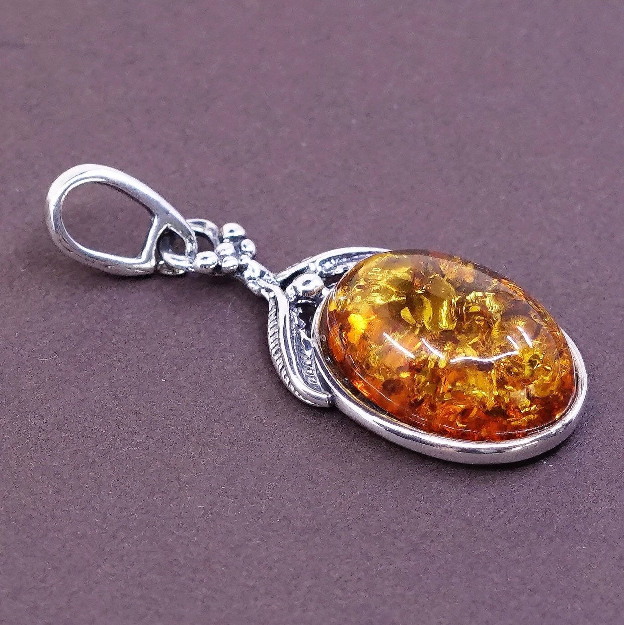 vtg Sterling silver handmade pendant, solid 925 silver with Amber pendant