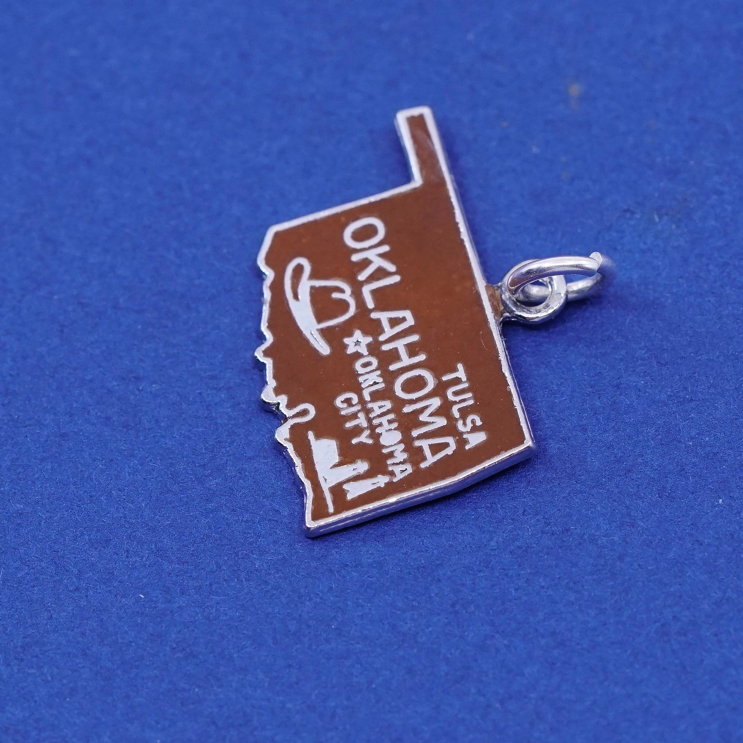 Vintage Sterling silver handmade pendant, 925 Oklahoma red enamel charm