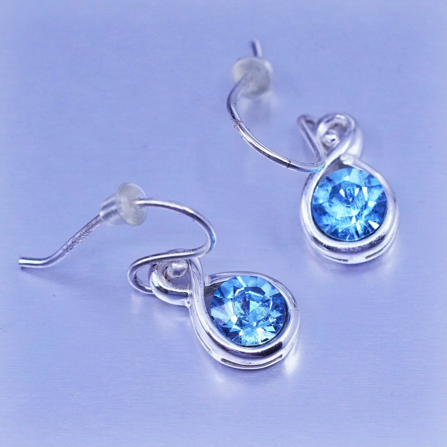 Vintage Sterling 925 silver circle earrings with blue crystal