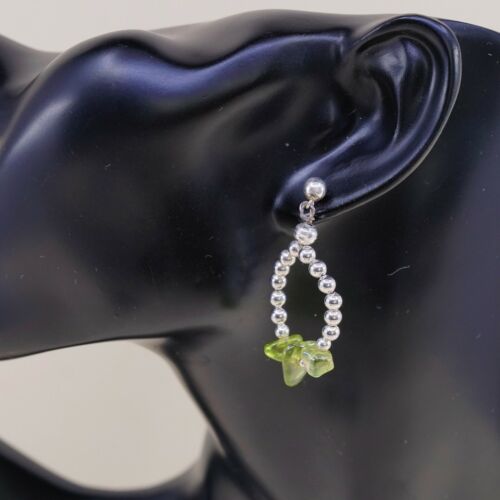 Vtg Mexico Sterling Silver Handmade Earrings, 925 Dangles W Peridot Beads