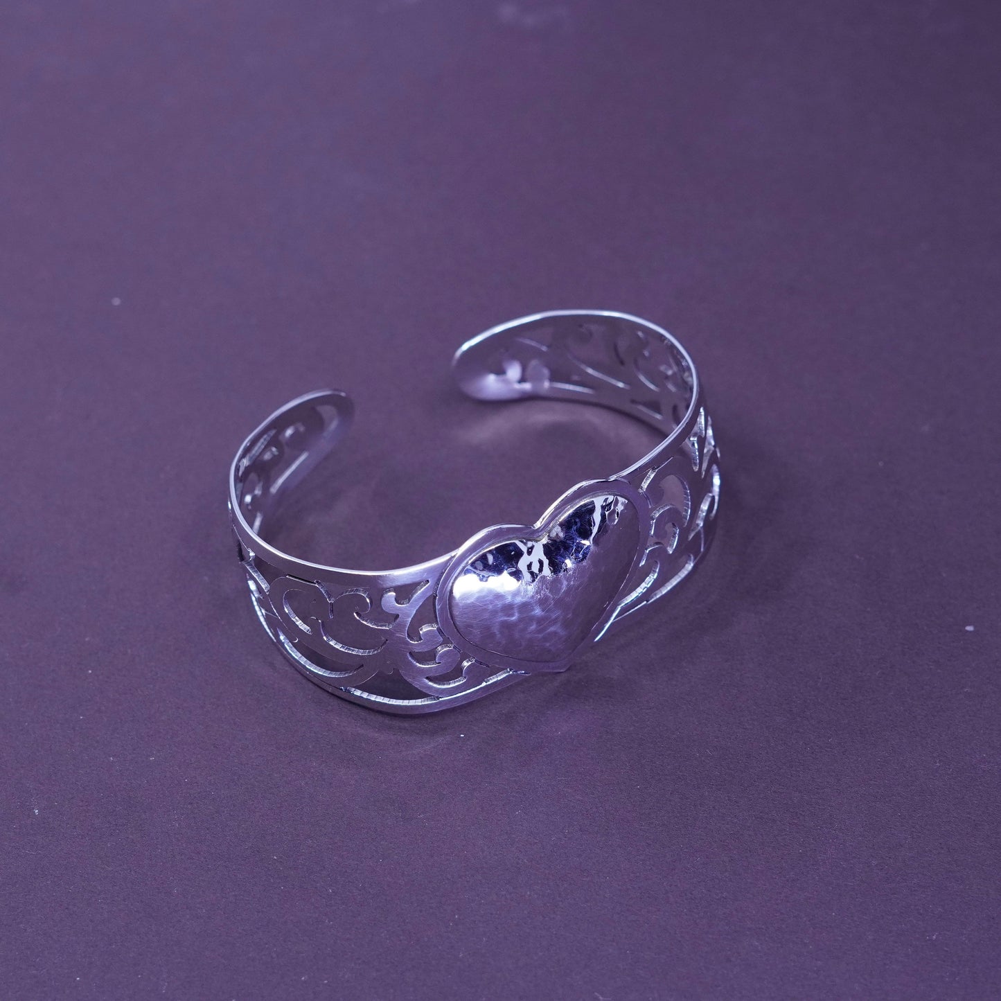 6.5”, vtg ATI Sterling silver handmade heart bracelet, mexico 925 Filigree cuff