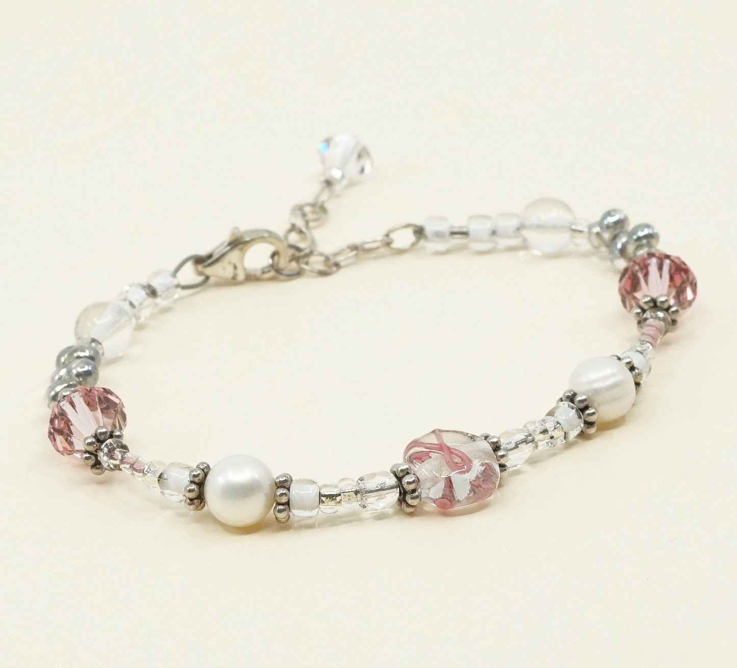 6.25”+1”, VTG Sterling silver handmade bracelet, pearl beads w/ pink crystal