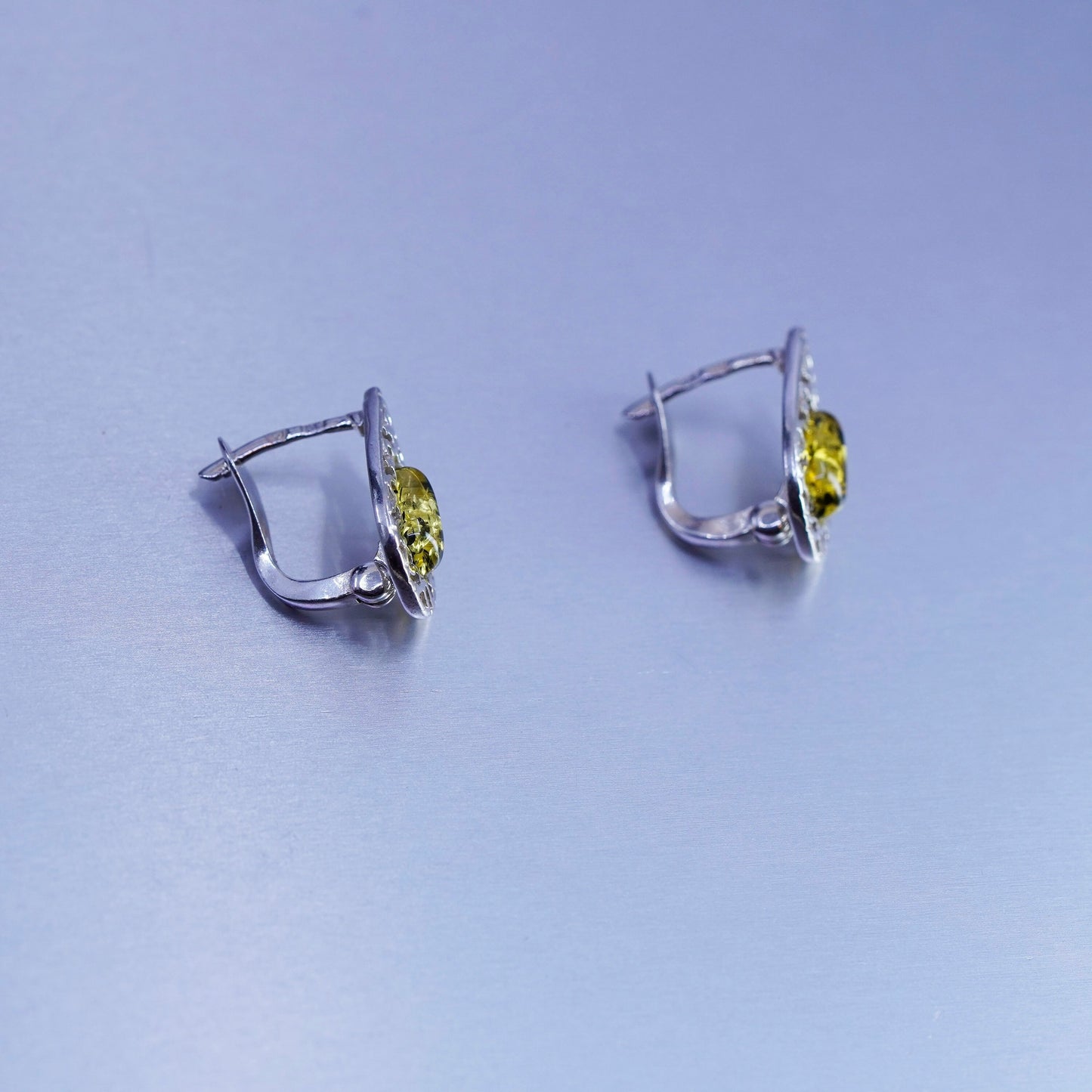Vintage Sterling 925 silver handmade earrings, filigree studs w/ teardrop Amber