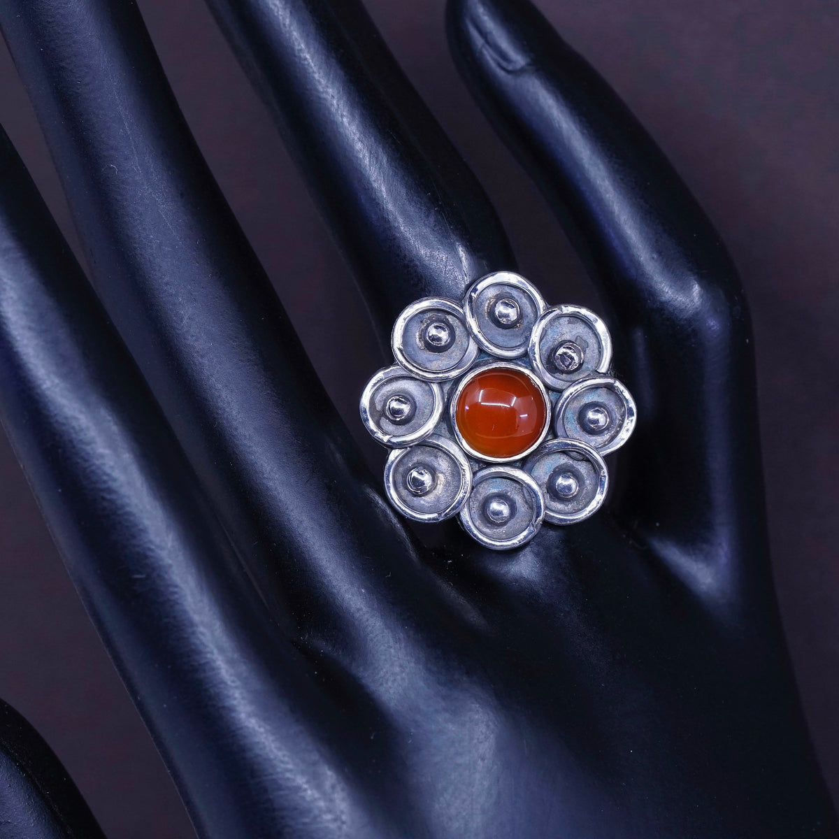 Size 6.5, vintage Sterling silver handmade flower ring with carnelian