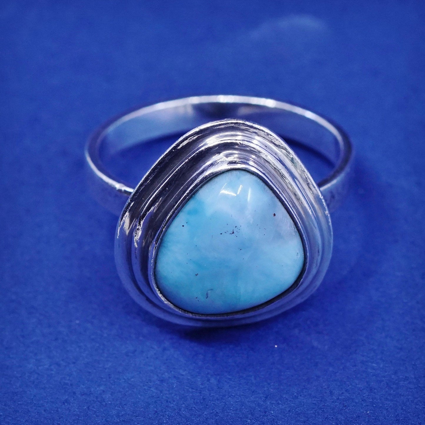 Size 7.75, Vintage sterling 925 silver handmade ring with larimar, stamped 925