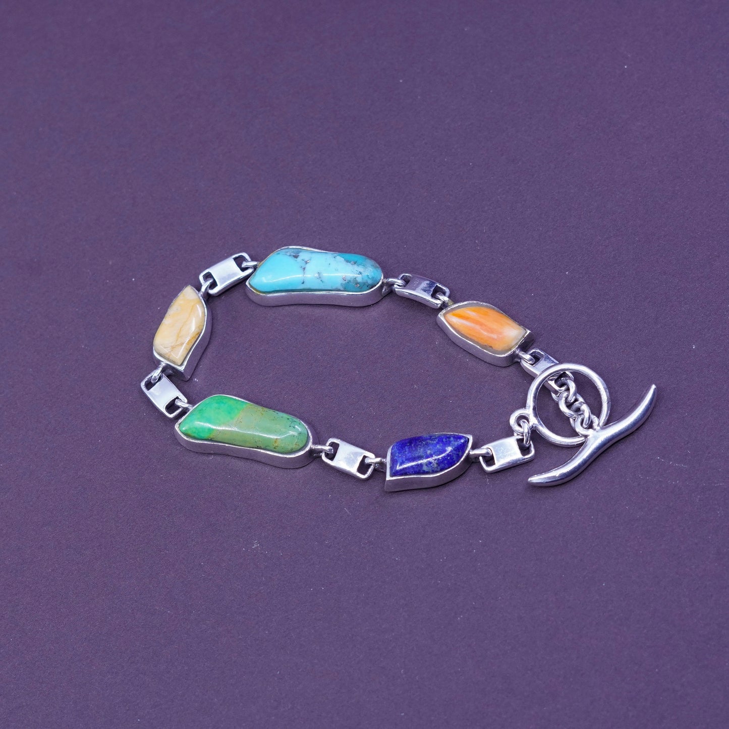 6.75”, mexico Sterling 925 silver bracelet with lapis lazuli amber turquoise