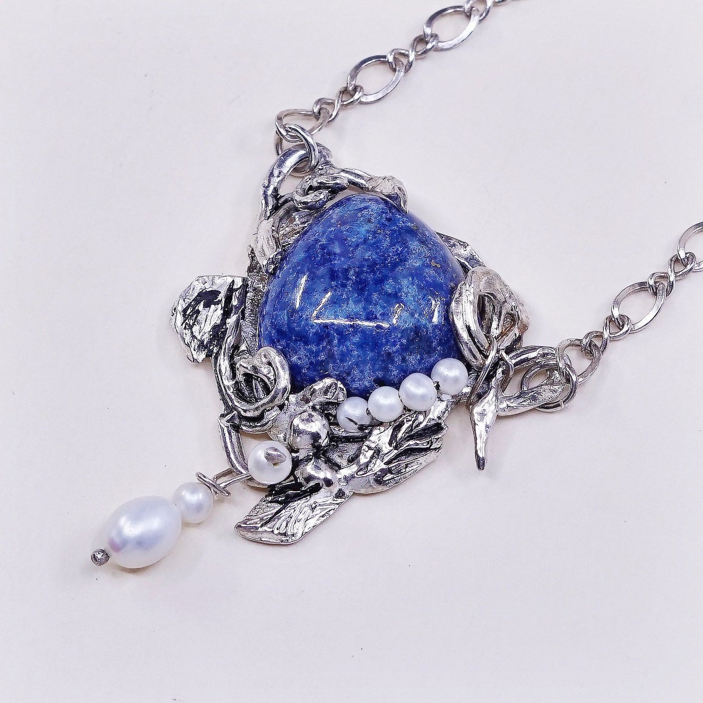 18" Israel sterling silver 925 necklace figaro chain W sodalite pendant N pearl