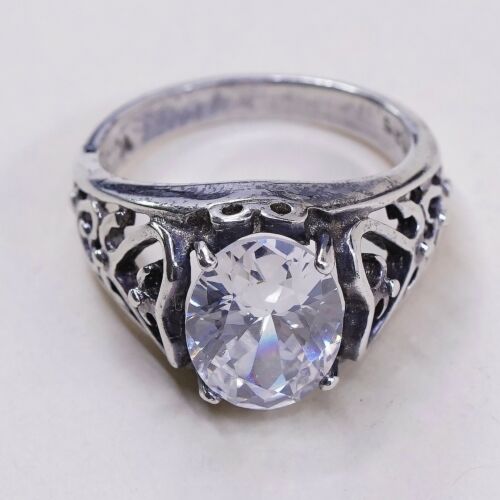Sz 5.5, Vtg Sterling silver handmade ring, 925 Filigree band W/ CZ N Heart