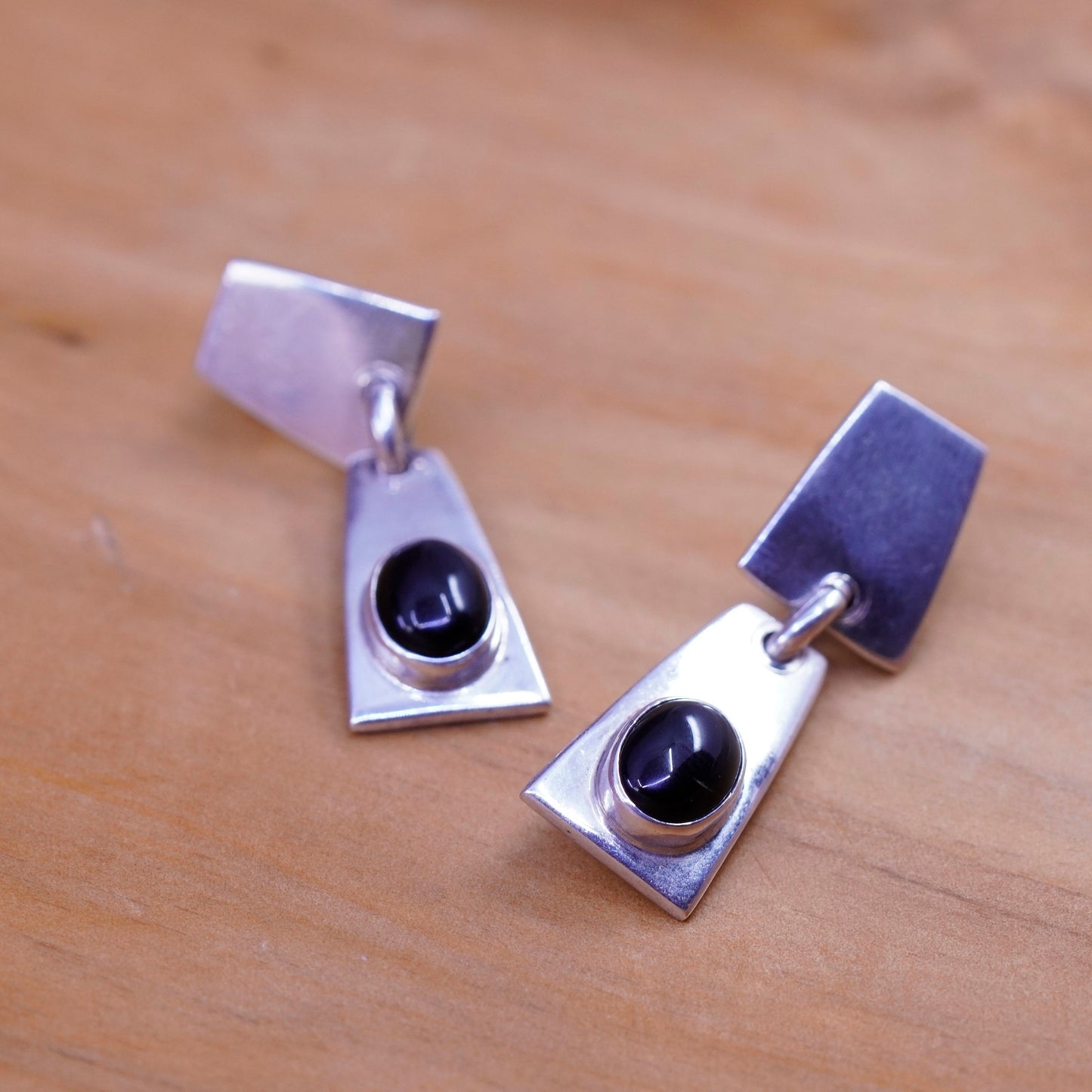 Vintage Mexico BMH handmade sterling 925 silver earrings with obsidian dangles