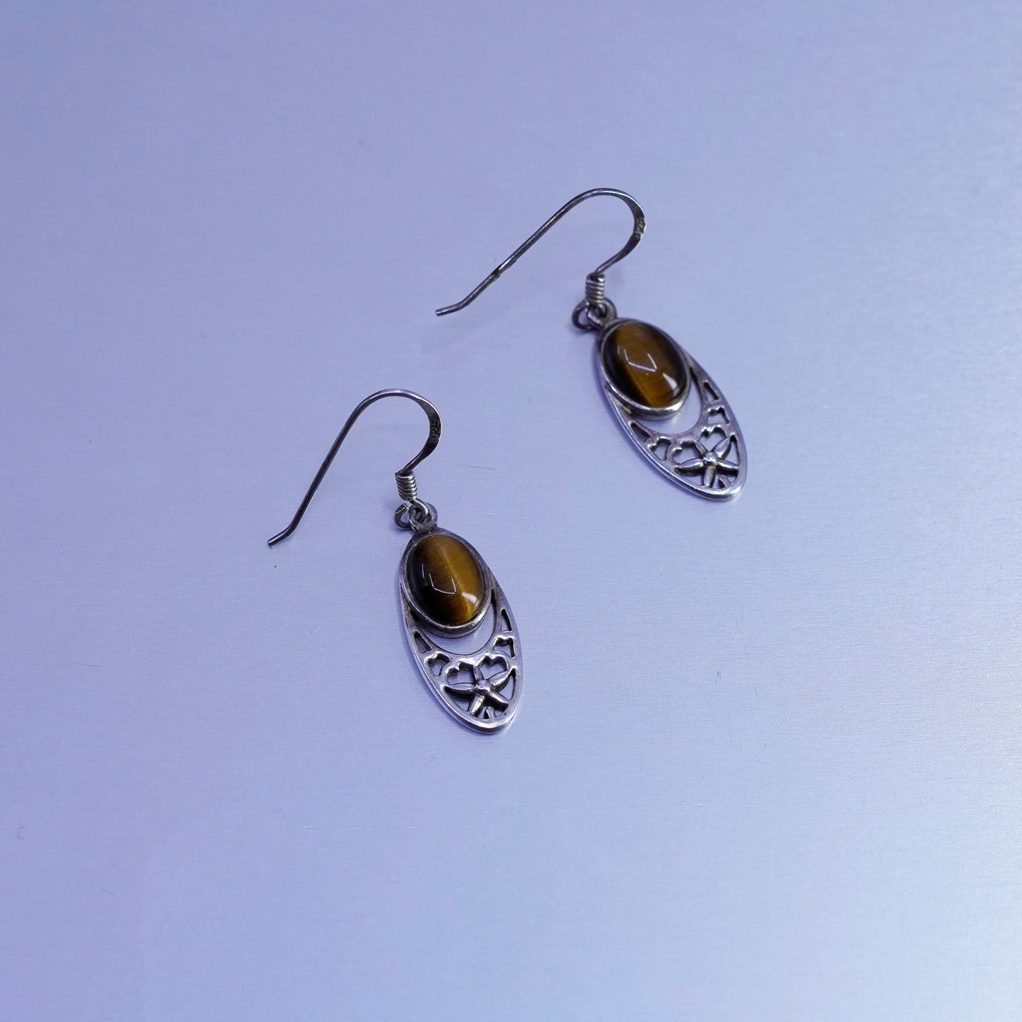 Vintage Sterling 925 silver handmade filigree earrings with golden tiger eye