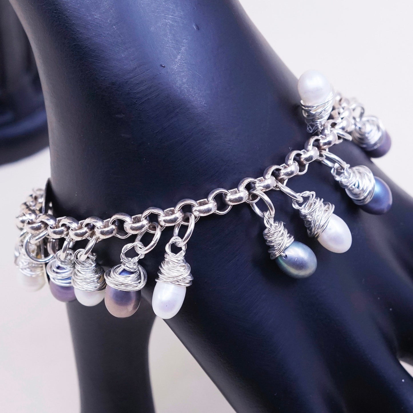 7”, vtg sterling 925 silver handmade bracelet w/ pearl N “we love you” charm