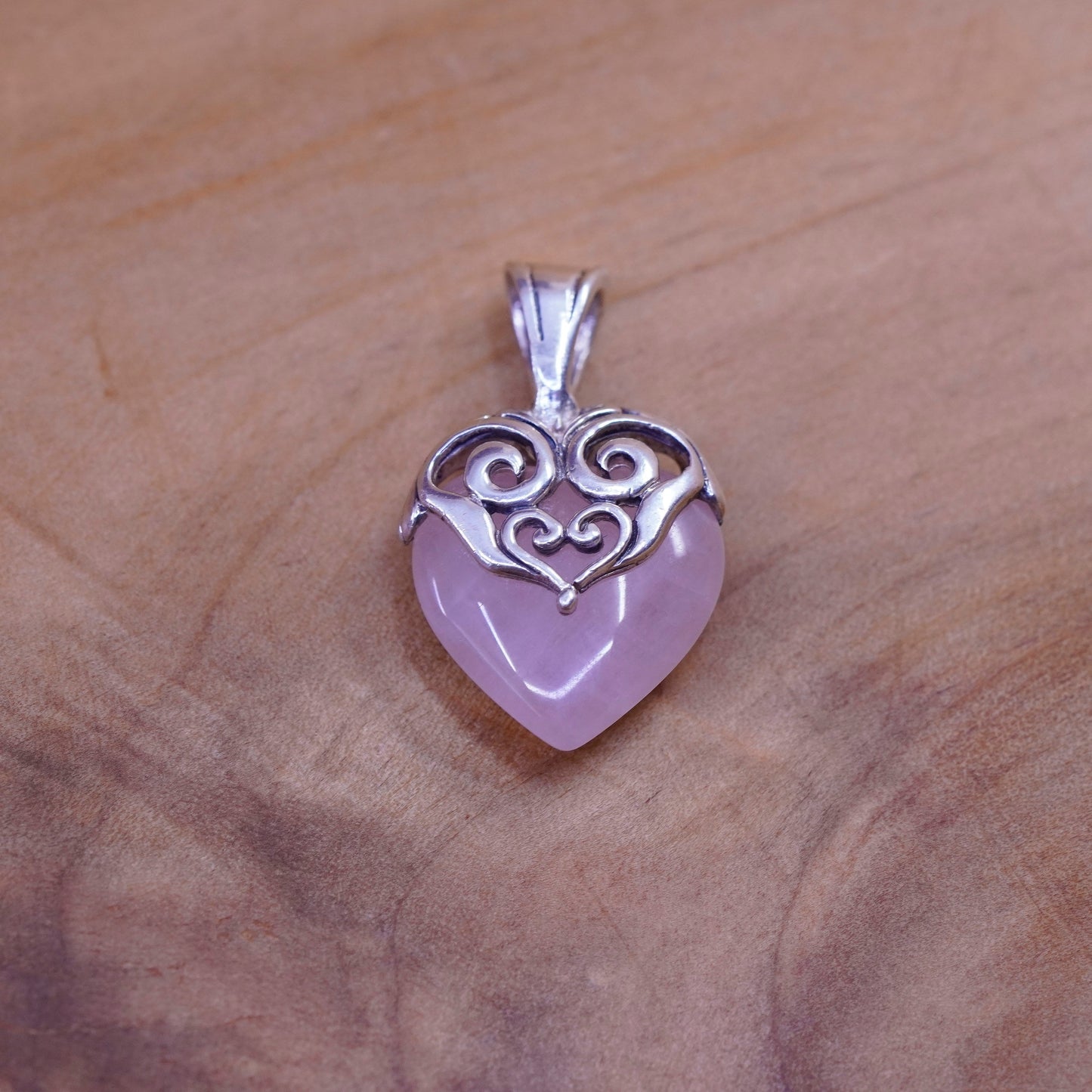 Vintage Sterling 925 silver handmade pendant with pink heart quartz