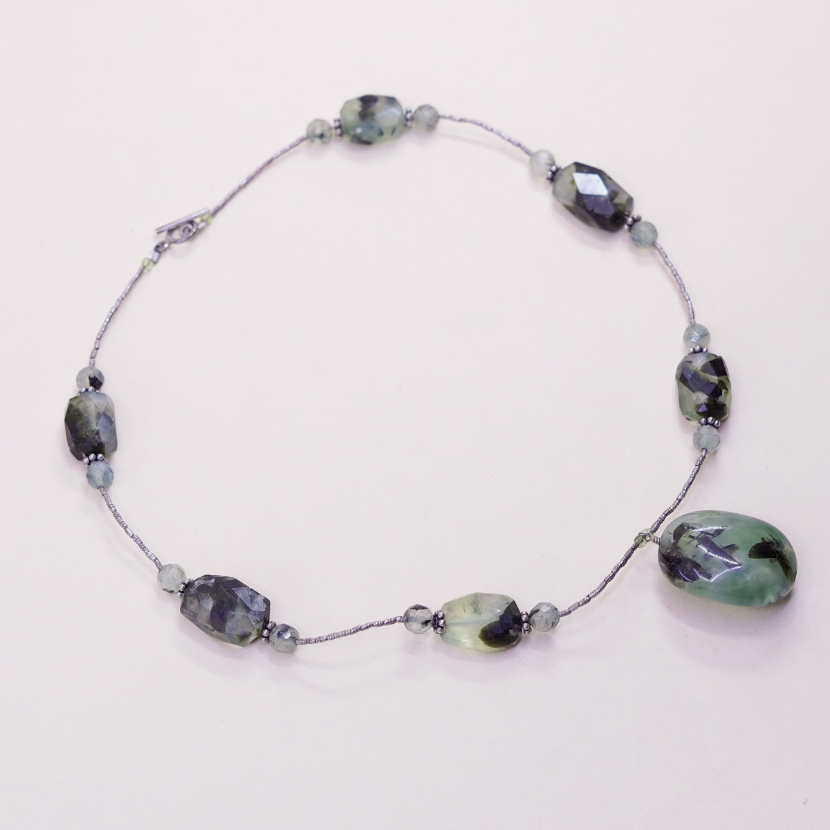 16”, vintage sterling 925 silver handmade necklace with nugget prehnite pendant