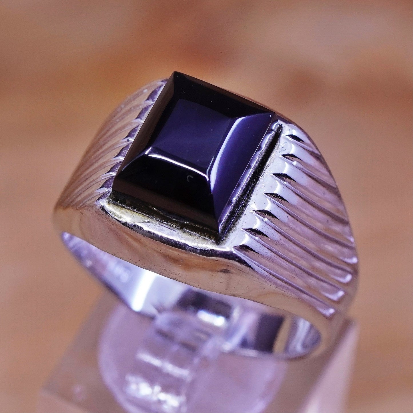 Size 13, vintage Sterling 925 silver handmade statement ring with obsidian
