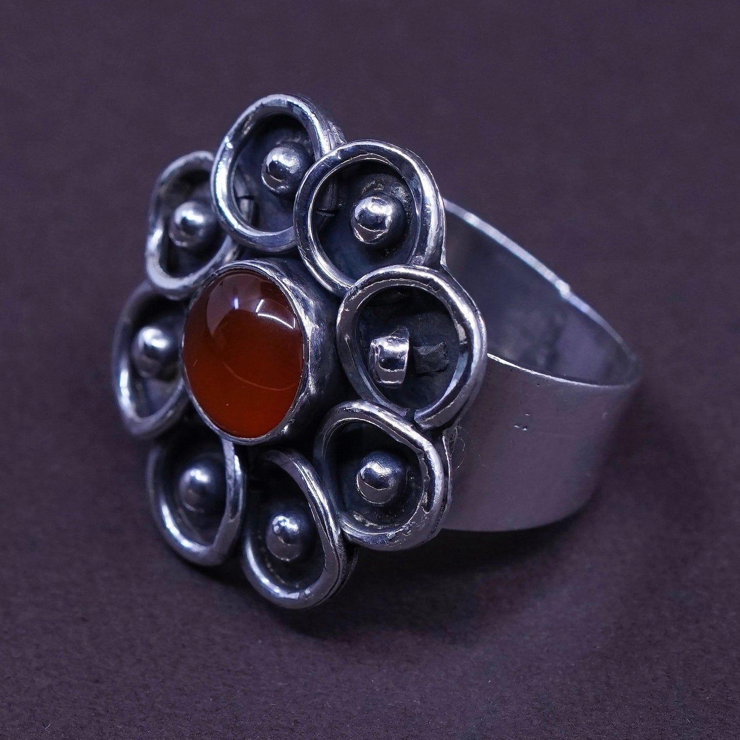 Size 6.5, vintage Sterling silver handmade flower ring with carnelian