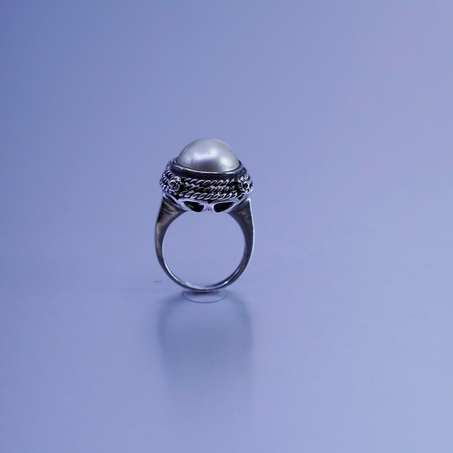 Size 4.5, vintage Sterling 925 silver handmade ring with pearl and cable