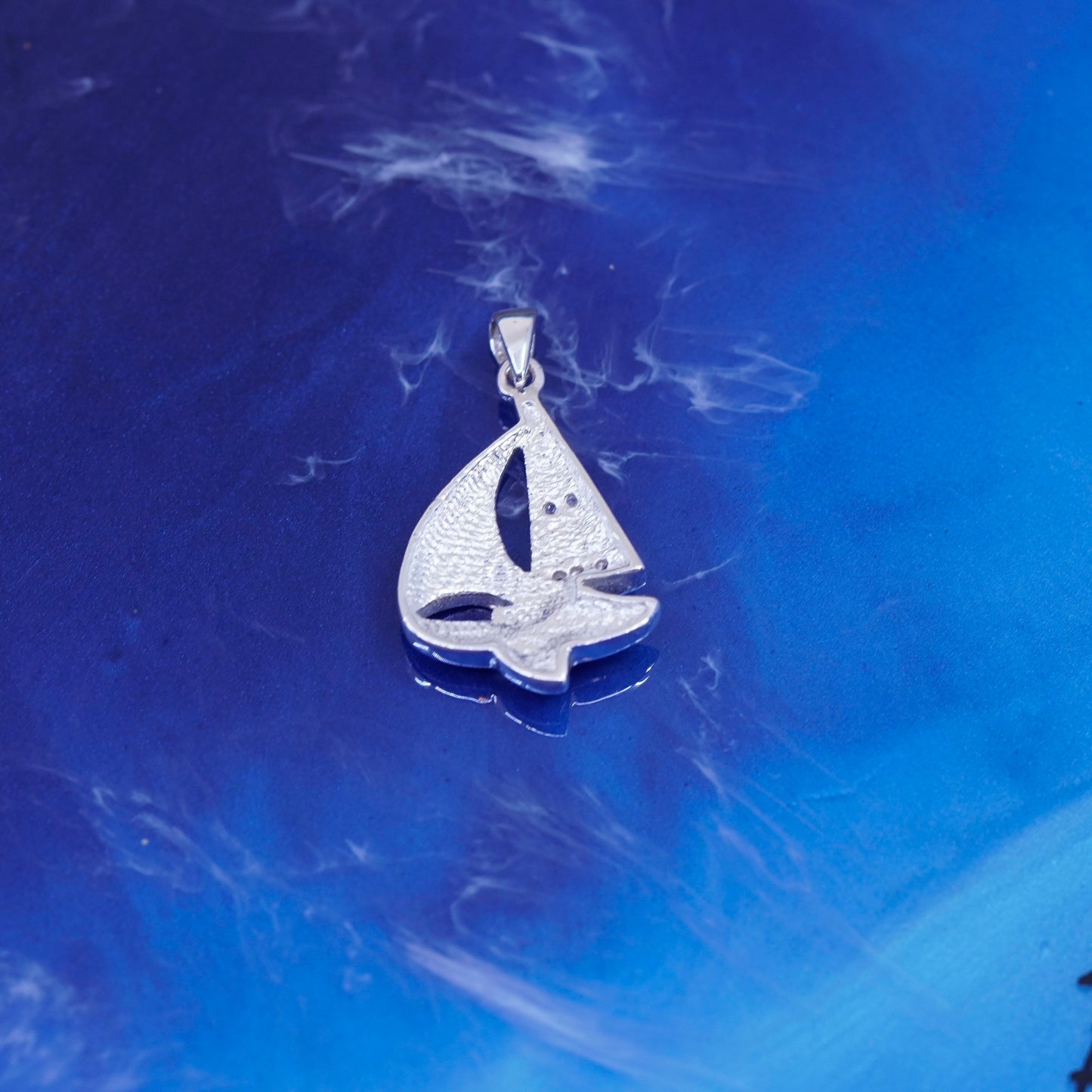 Vintage sterling silver handmade pendant, 925 sailing boat mother of pearl cz
