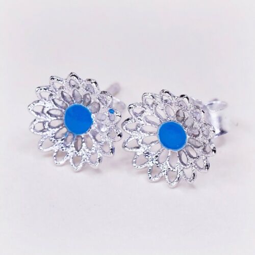 Vintage Sterling Silver Handmade Earrings, 925 Filigree Flower Studs W/ Blue Dot