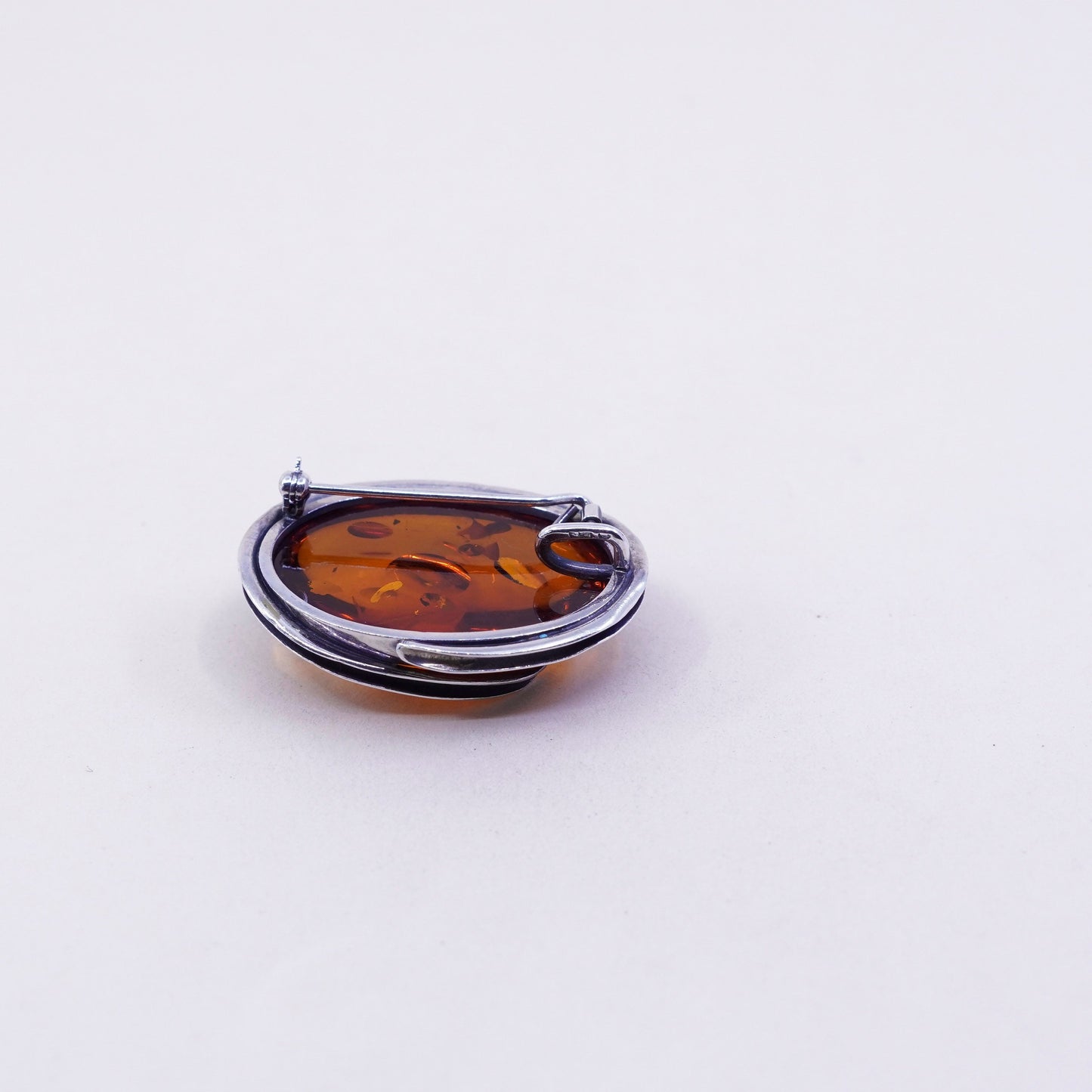 Vintage sterling silver handmade brooch, 925 oval amber pin pendant