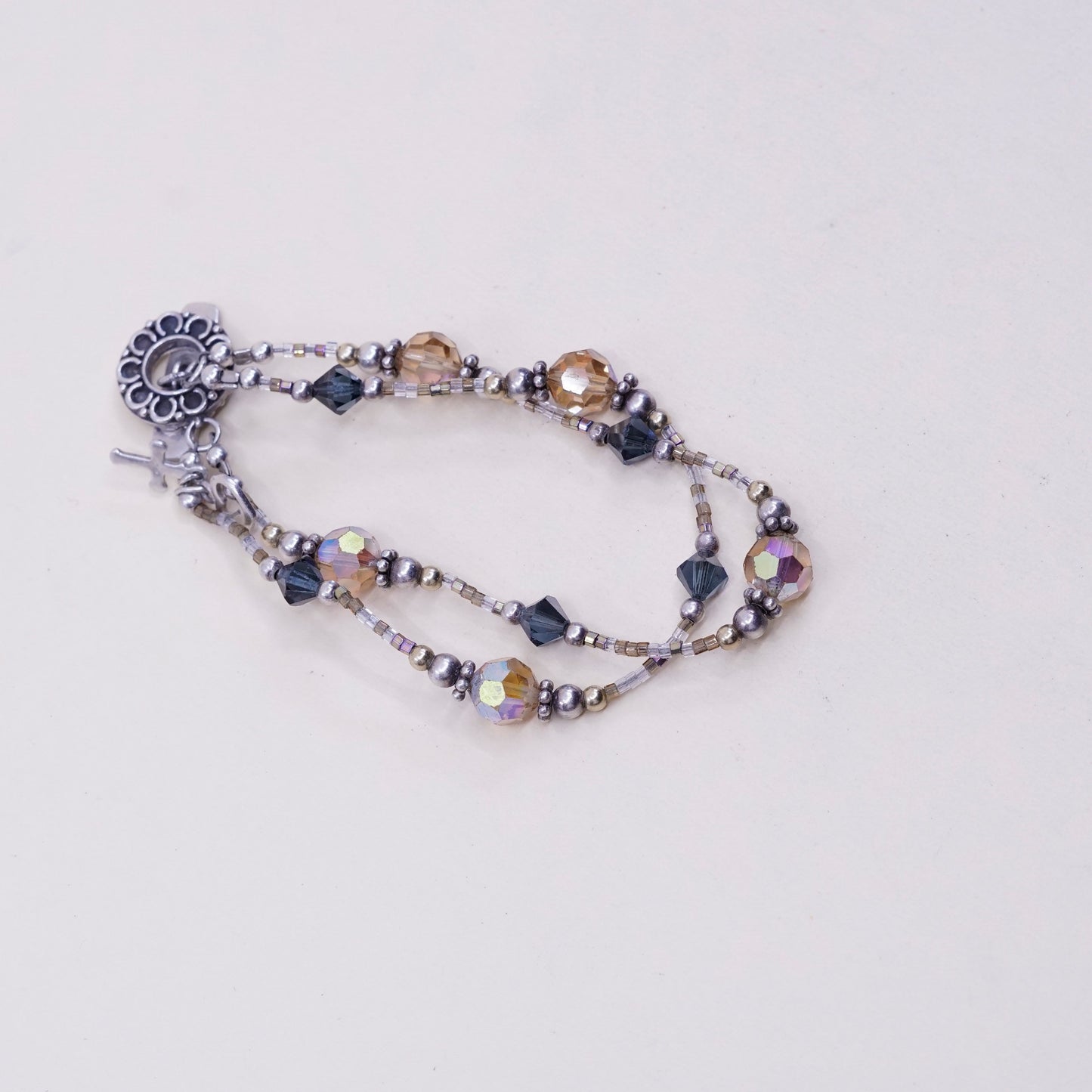 6.75”, sterling 925 silver bracelet w/ topaz crystal beads N cross heart charms