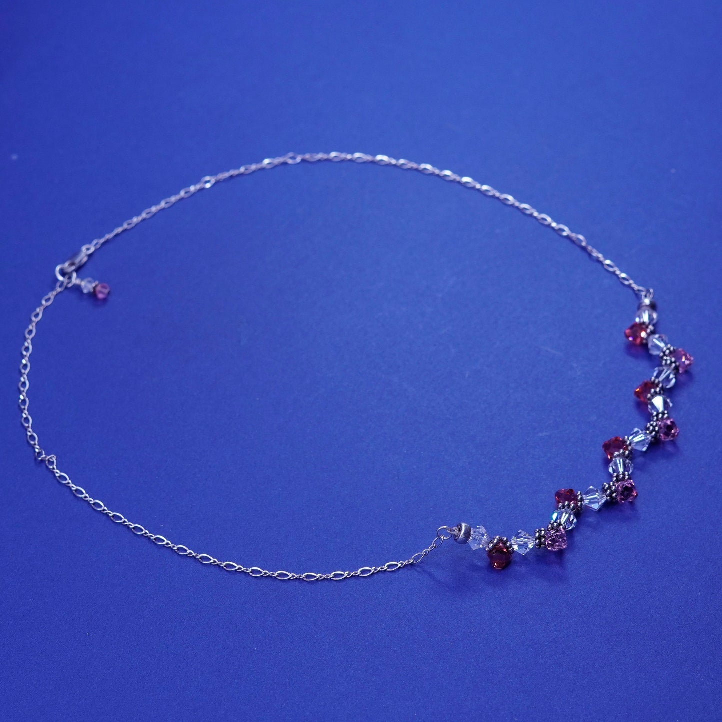 19”, vintage Sterling silver handmade necklace, 925 figaro chain glass crystal