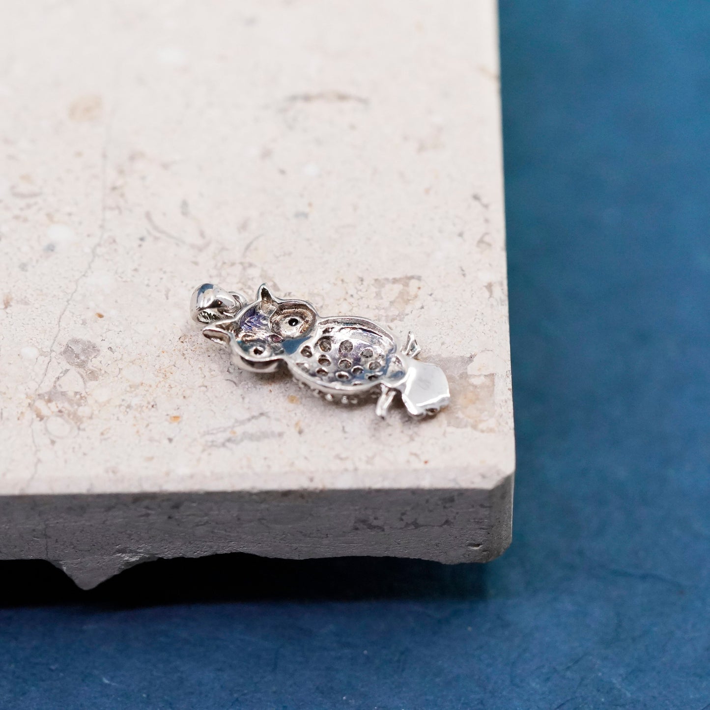 Vintage Sterling silver Handmade pendant, 925 owl charm with cz